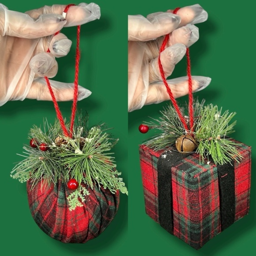 Plaid Present And Bauble Christmas Ornament - Set Of 2 - Cranberry Sauce”